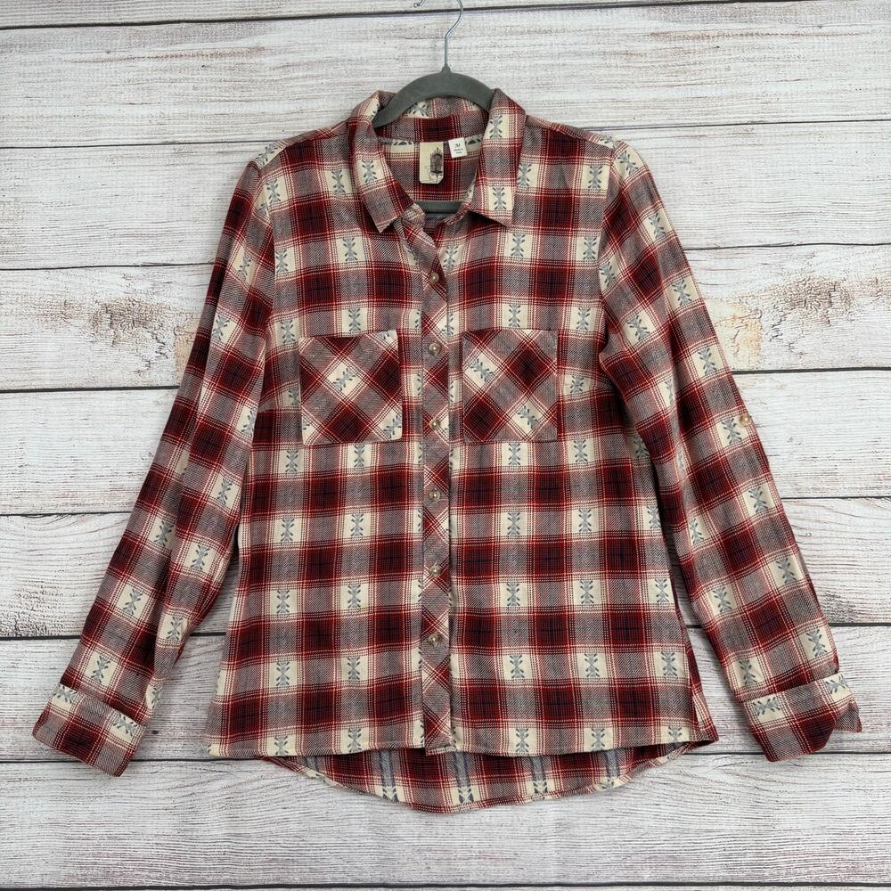 Anthropologie Bird‎ Cage Plaid Flannel Shirt Mens Medium Cream Red Blue